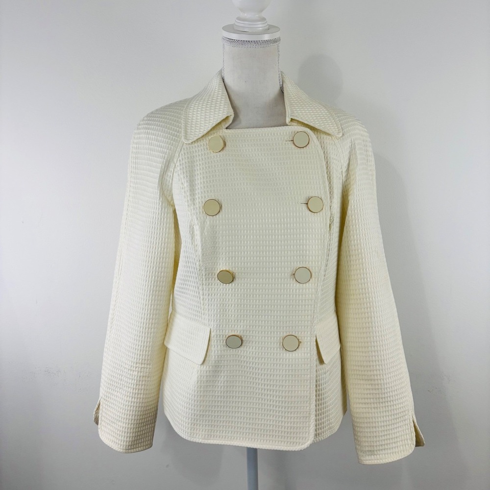 Talbots Womens Ivory Waffle Weave Double Breasted Cream Jacket Blazer Size 8